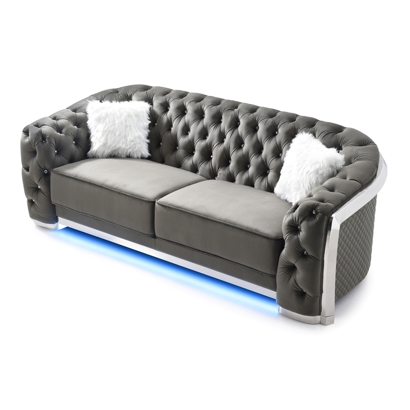 Pemberly Row Set of 2 Gray Velvet Loveseat and Sofa With LED Accent Lighting