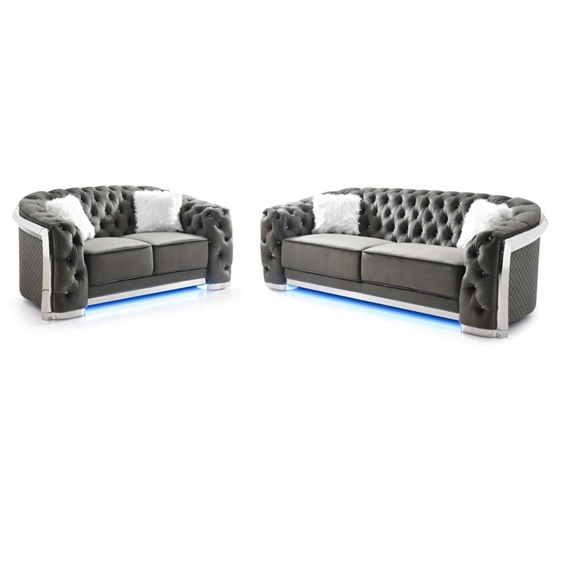 Pemberly Row Set of 2 Gray Velvet Loveseat and Sofa With LED Accent Lighting