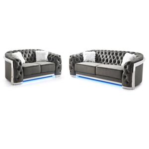 Pemberly Row Set of 2 Gray Velvet Loveseat and Sofa With LED Accent Lighting