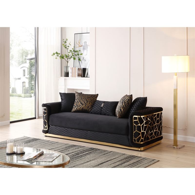 Pemberly Row Set of 2 Modern Velvet Loveseat and Sofa in Black