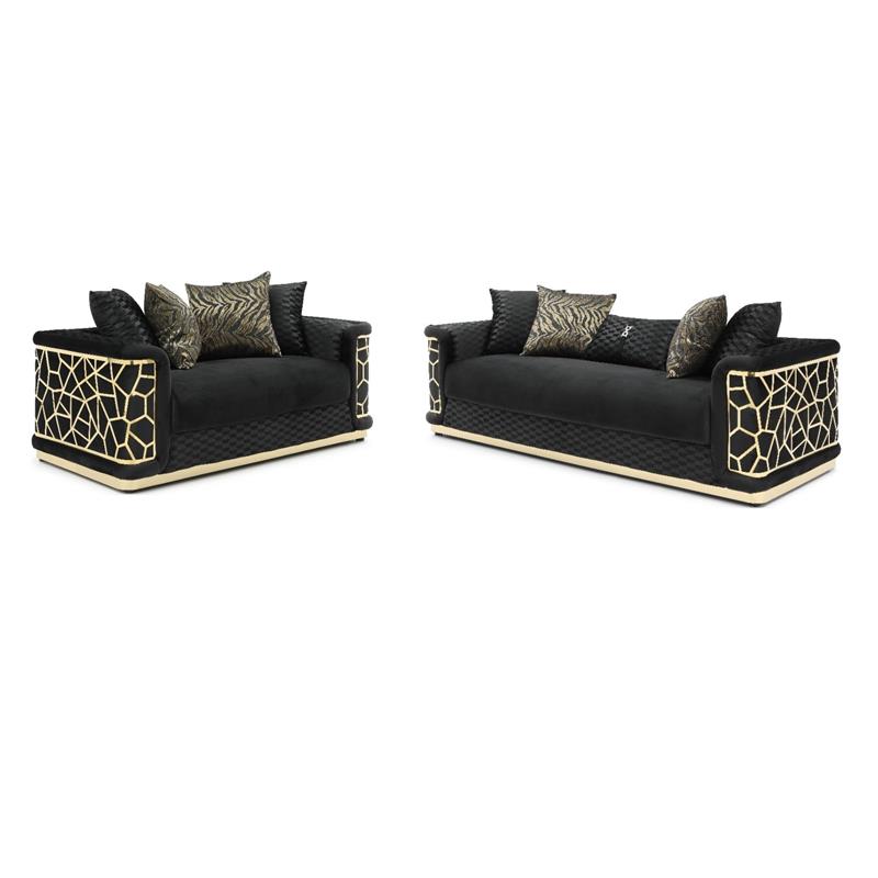 Pemberly Row Set of 2 Modern Velvet Loveseat and Sofa in Black