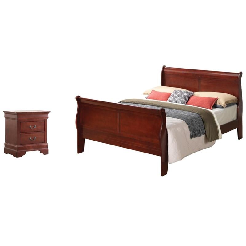 Pemberly Row Set of 2 Full Sleigh Bed and 2-Drawer Nightstand in Cherry