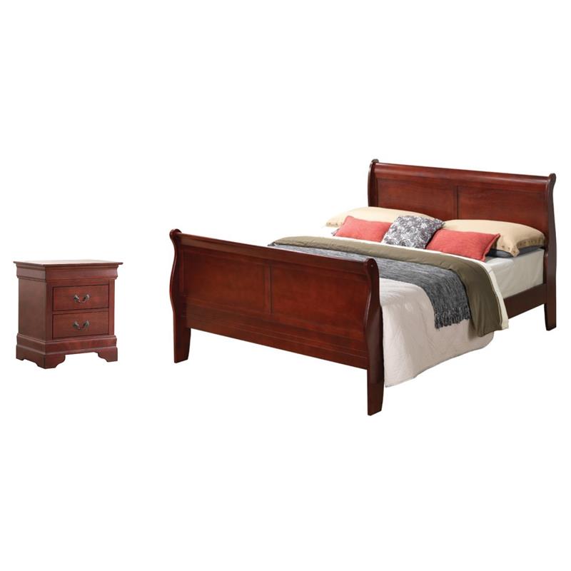 Pemberly Row Set of 2 King Sleigh Bed and 2-Drawer Nightstand in Cherry