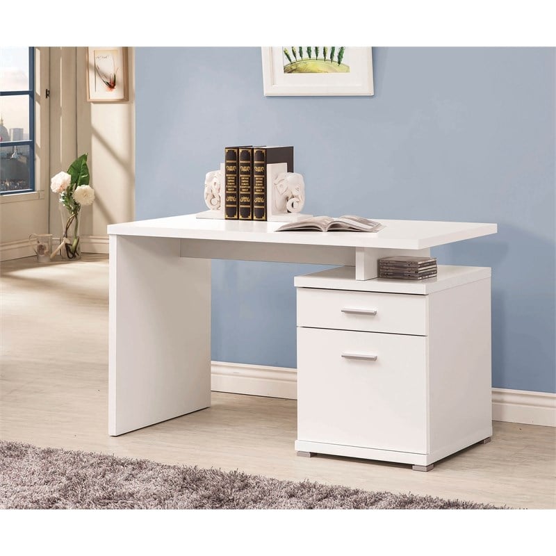 Pemberly Row 2-Drawer Contemporary Wood Office Desk with Cabinet White