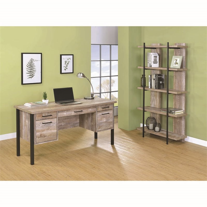 Pemberly Row 4-drawer Farmhouse Wood Office Desk in Weathered Oak and Black