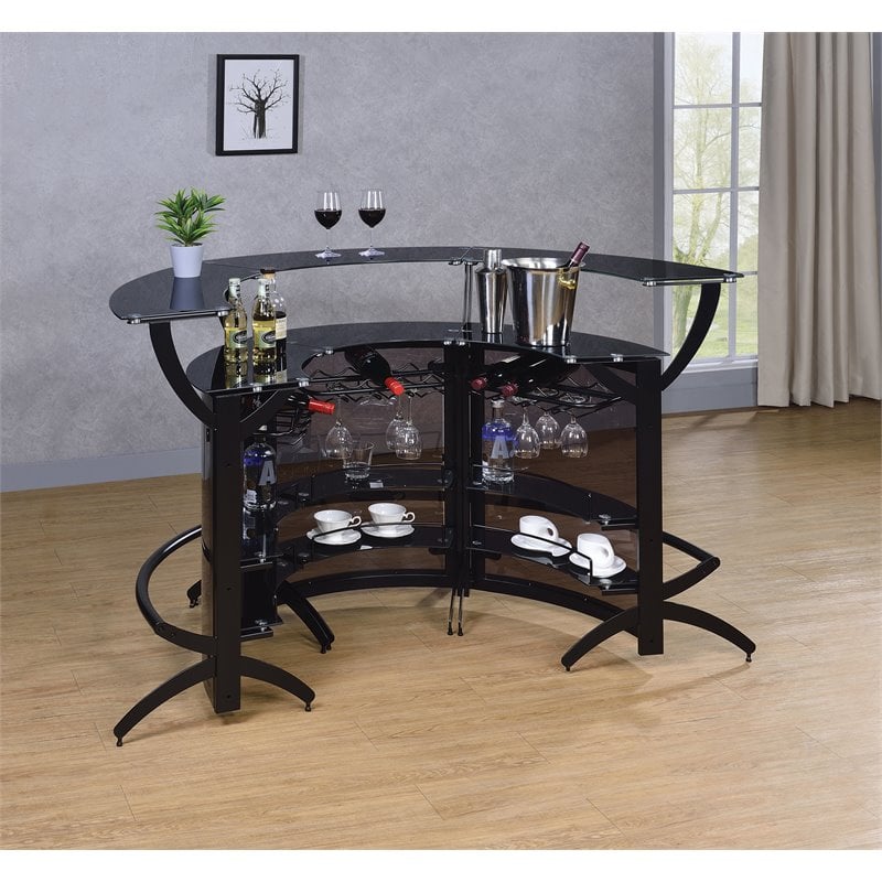 Pemberly Row Contemporary Metal 3-Piece Curved Bar Unit Set in Black