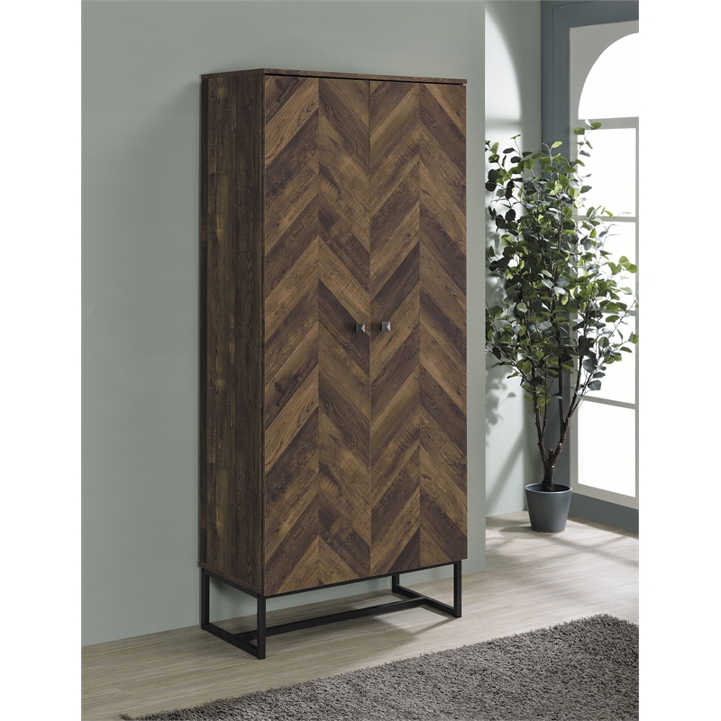 Pemberly Row Farmhouse Wood 2-Door Accent Storage Cabinet with Metal Base in Oak