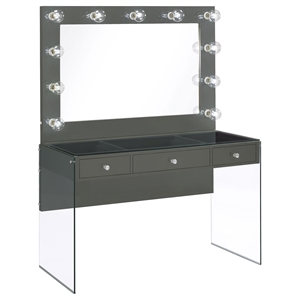 Pemberly Row 3-Drawer Wood & Glass Vanity Desk with LED Lighting in Gray