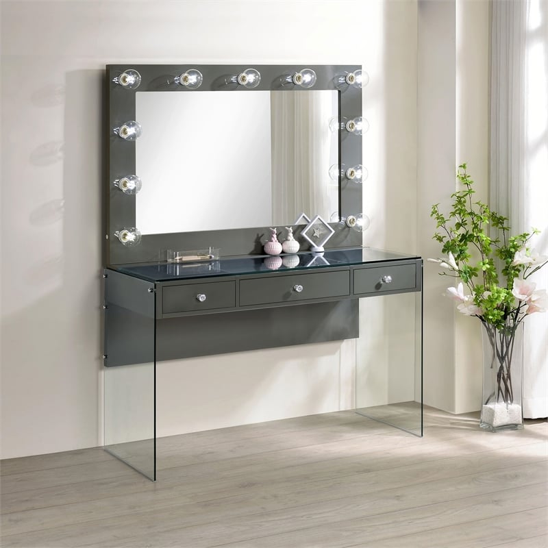 Pemberly Row 3-Drawer Wood & Glass Vanity Desk with LED Lighting in Gray