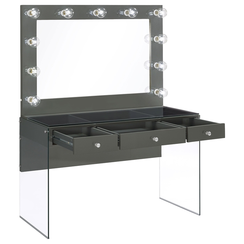 Pemberly Row 3-Drawer Wood & Glass Vanity Desk with LED Lighting in Gray