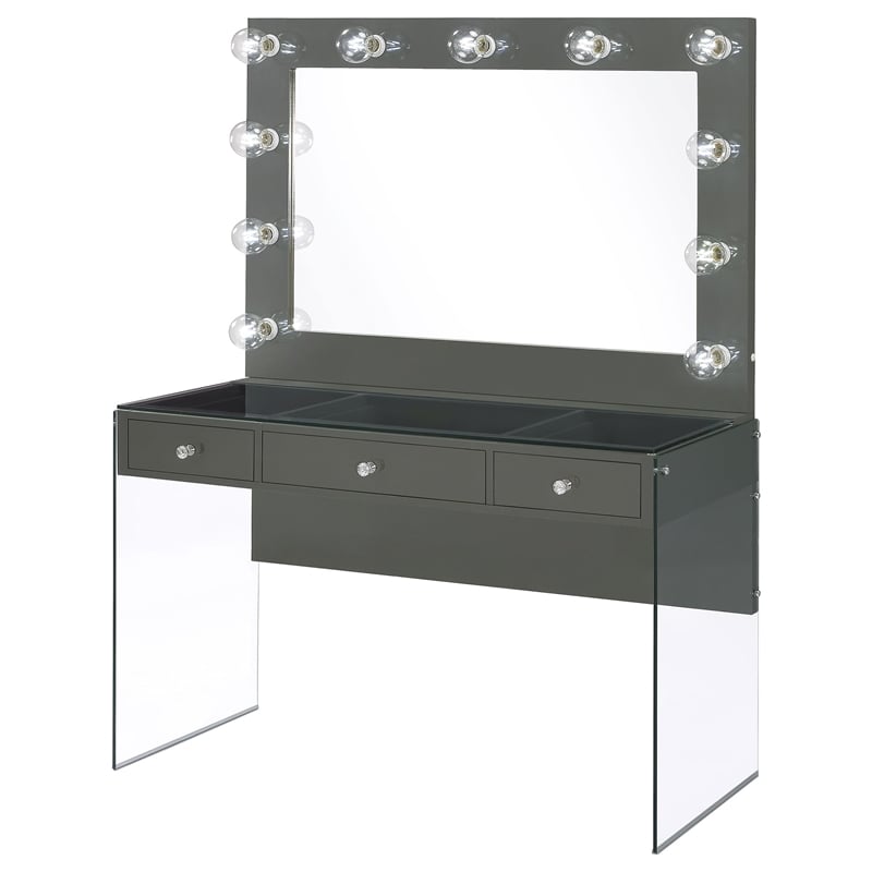 Pemberly Row 3-Drawer Wood & Glass Vanity Desk with LED Lighting in Gray