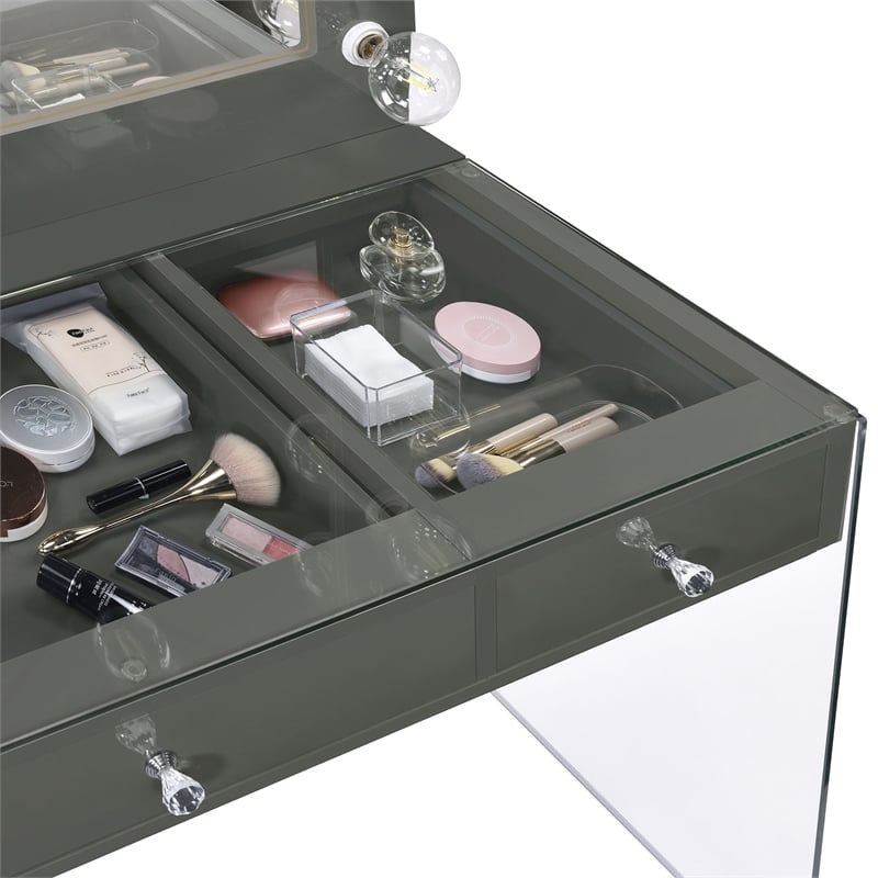 Pemberly Row 3-Drawer Wood & Glass Vanity Desk with LED Lighting in Gray