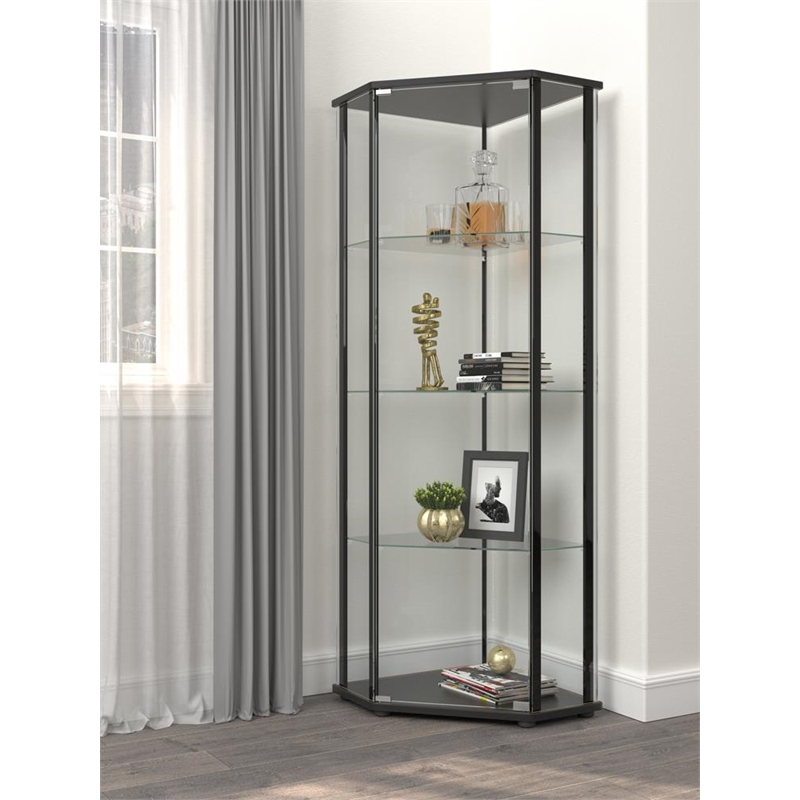 Pemberly Row Modern Glass Shelf Curio Cabinet Clear and Black