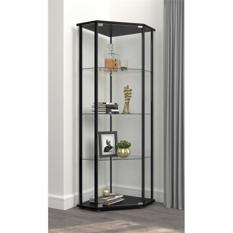 Pemberly Row Modern Glass Shelf Curio Cabinet Clear and Black