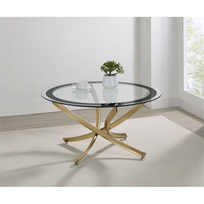 Pemberly Row Contemporary Round Glass Top Coffee Table Metal Base Brass