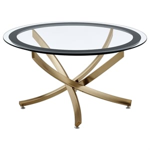 Pemberly Row Contemporary Round Glass Top Coffee Table Metal Base Brass