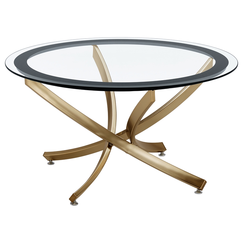 Pemberly Row Contemporary 2-piece Round Glass Top Coffee Table Set Brass
