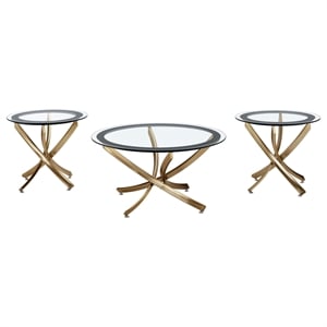 Pemberly Row Contemporary 3-piece Round Glass Top Coffee Table Set Brass