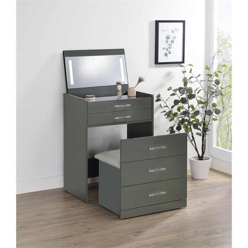 Pemberly Row 3-Drawer Engineered Wood Makeup Vanity and Stool Set in Gray