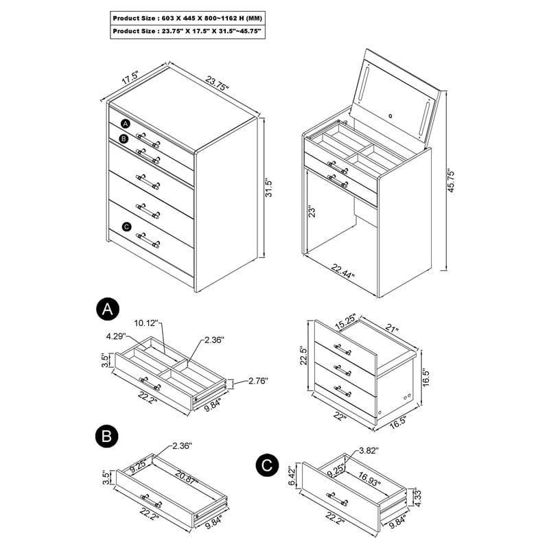 Pemberly Row 3-Drawer Engineered Wood Makeup Vanity and Stool Set in Gray