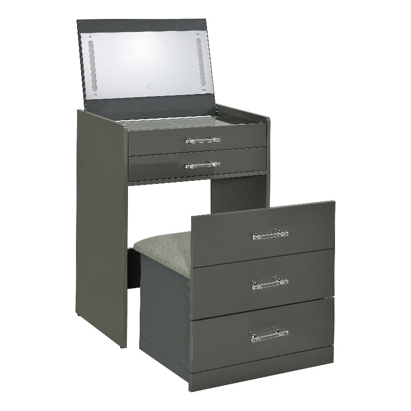 Pemberly Row 3-Drawer Engineered Wood Makeup Vanity and Stool Set in Gray