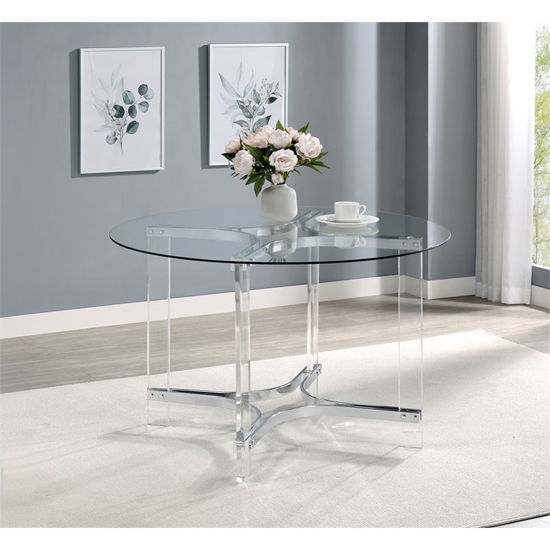 Pemberly Row 47-inch Round Glass Top Acrylic Dining Table in Silver