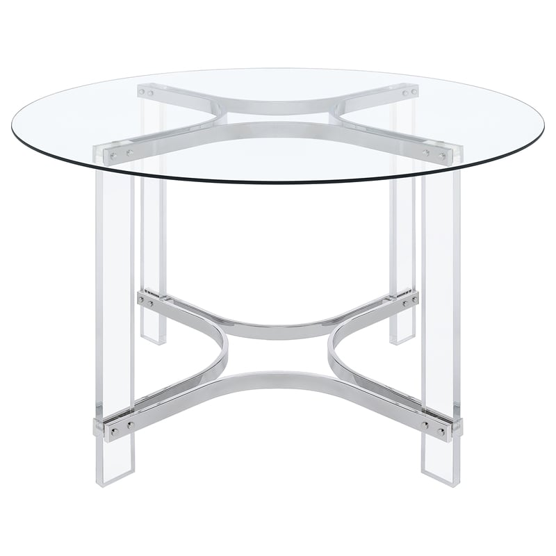 Pemberly Row 47-inch Round Glass Top Acrylic Dining Table in Silver