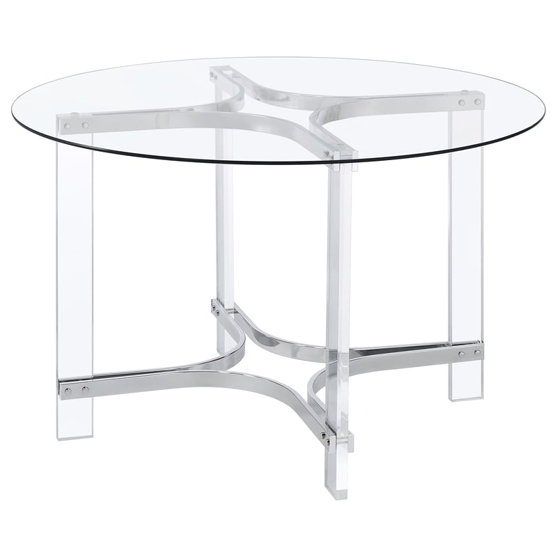 Pemberly Row 47-inch Round Glass Top Acrylic Dining Table in Silver