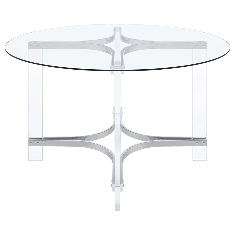 Pemberly Row 47-inch Round Glass Top Acrylic Dining Table in Silver