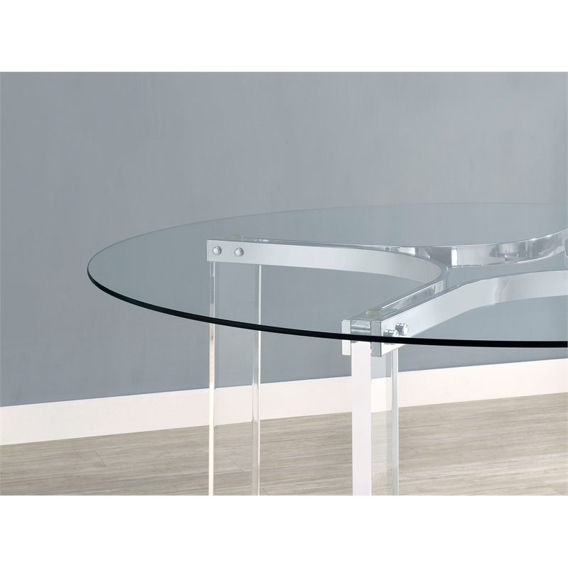 Pemberly Row 47-inch Round Glass Top Acrylic Dining Table in Silver