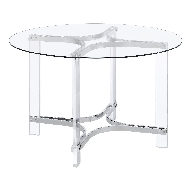 Pemberly Row 47-inch Round Glass Top Acrylic Dining Table in Silver