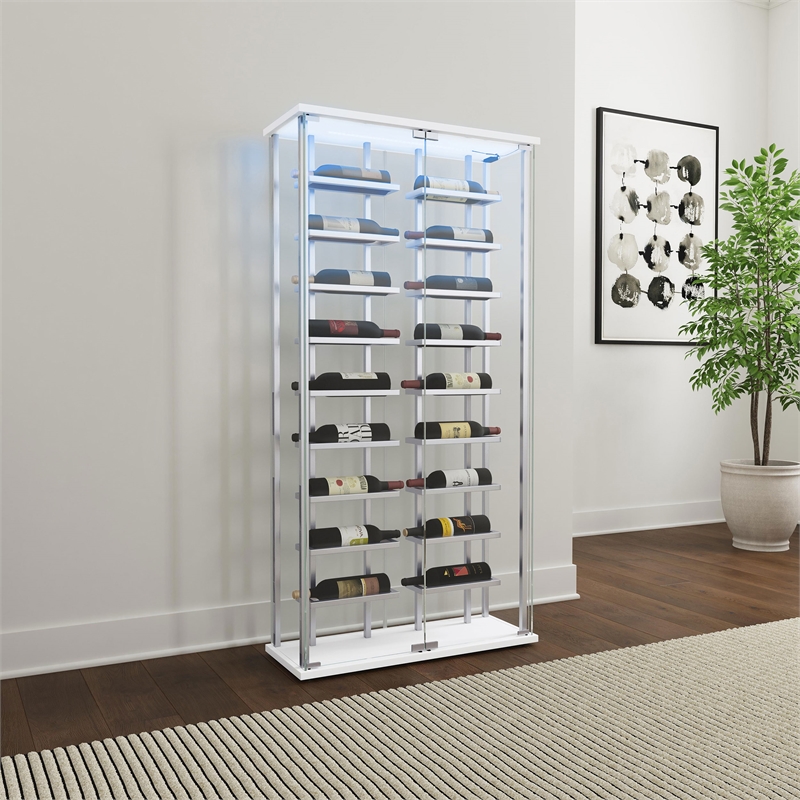 Pemberly Row Tempered Glass Wine Storage LED Metal Curio Cabinet in Chrome