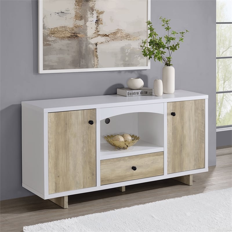 Pemberly Row 2-Door Wood Storage Credenza in White and Distressed Pine