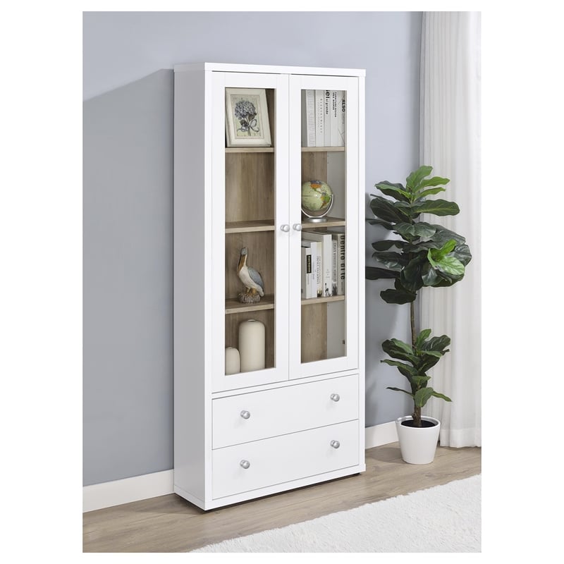 Pemberly Row 4-Shelf Glass Door Tall Wood Cabinet with Drawers in White