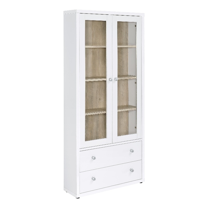 Pemberly Row 4-Shelf Glass Door Tall Wood Cabinet with Drawers in White