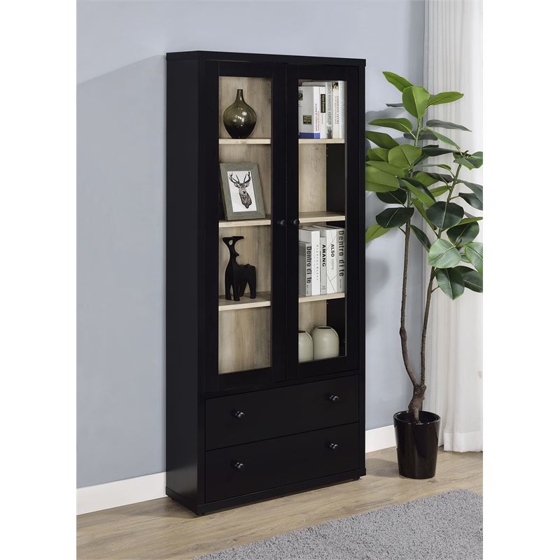 Pemberly Row 4-Shelf Glass Door Tall Wood Cabinet with Drawers in Black