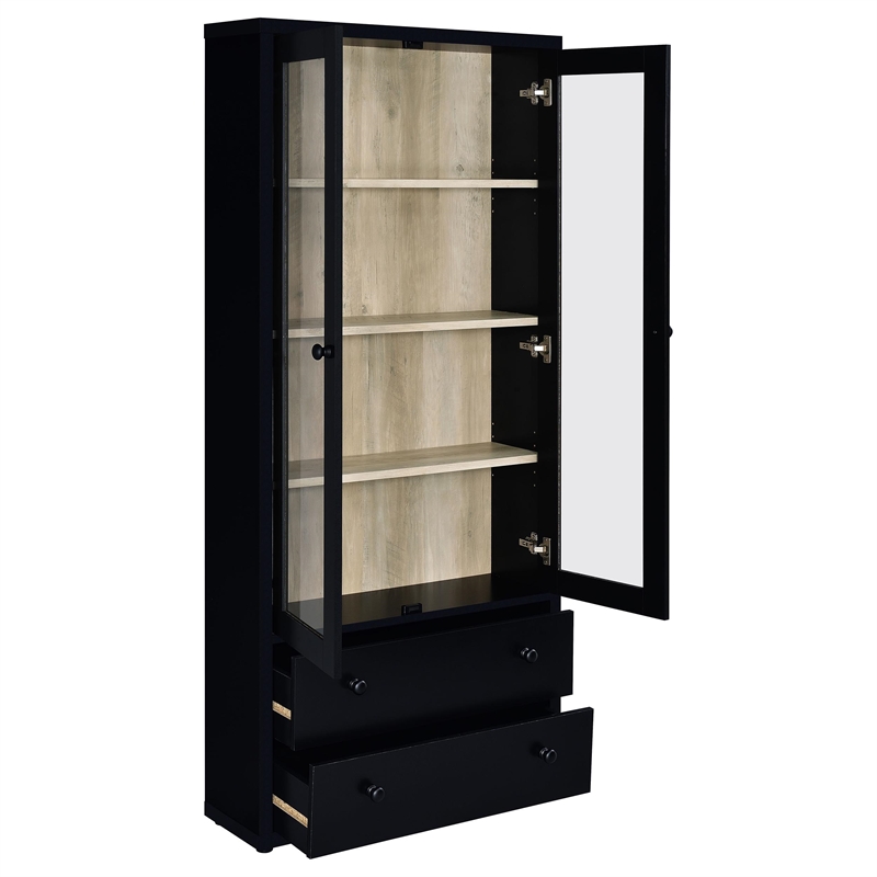 Pemberly Row 4-Shelf Glass Door Tall Wood Cabinet with Drawers in Black