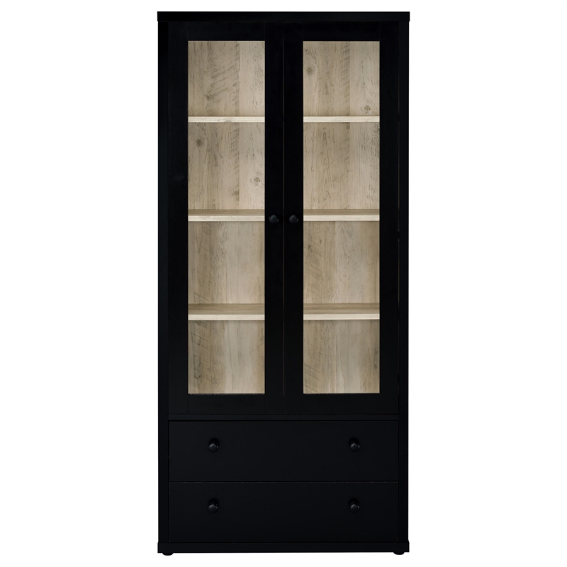 Pemberly Row 4-Shelf Glass Door Tall Wood Cabinet with Drawers in Black