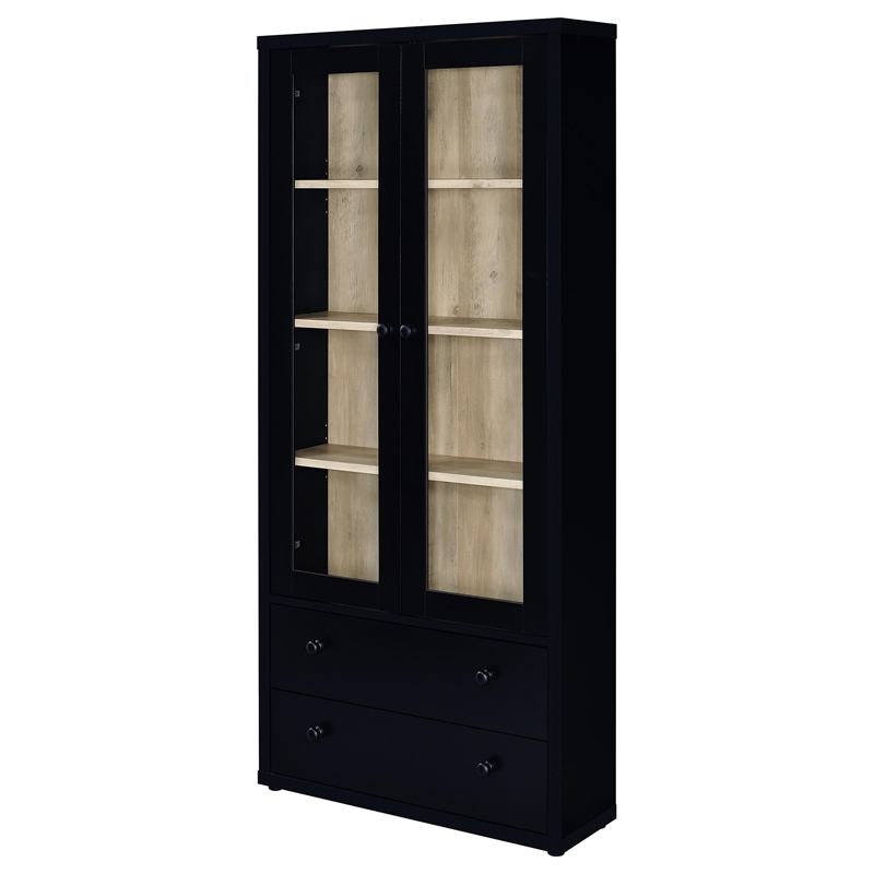 Pemberly Row 4-Shelf Glass Door Tall Wood Cabinet with Drawers in Black