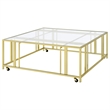 Pemberly Row Square Glass Top Coffee Table with Casters in Gold