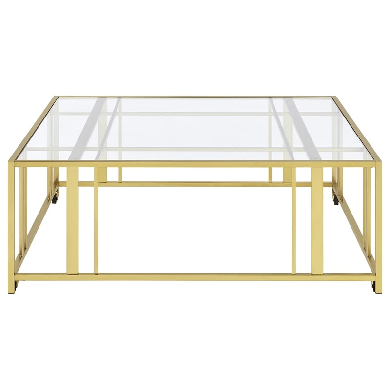Pemberly Row Square Glass Top Coffee Table with Casters in Gold