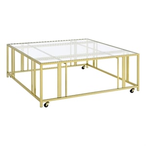 Pemberly Row Square Glass Top Coffee Table with Casters in Gold