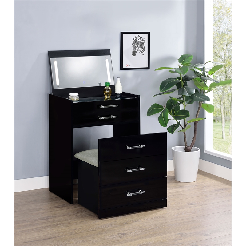 Pemberly Row 3-Drawer Engineered Wood Makeup Vanity and Stool Set in Black