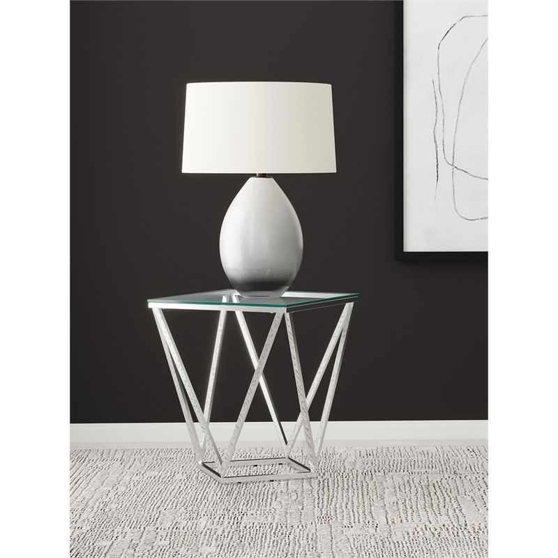 Pemberly Row Square Glass Top Geometric Metal End Table in Nickel