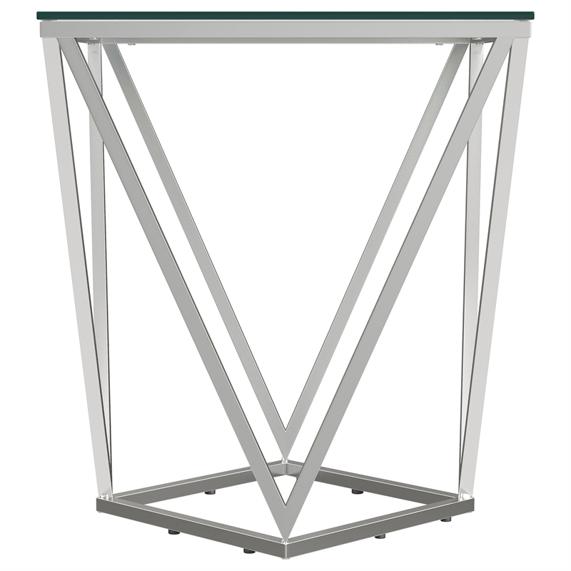 Pemberly Row Square Glass Top Geometric Metal End Table in Nickel