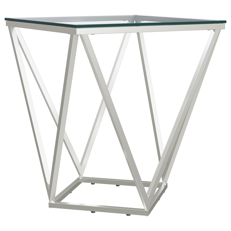 Pemberly Row Square Glass Top Geometric Metal End Table in Nickel