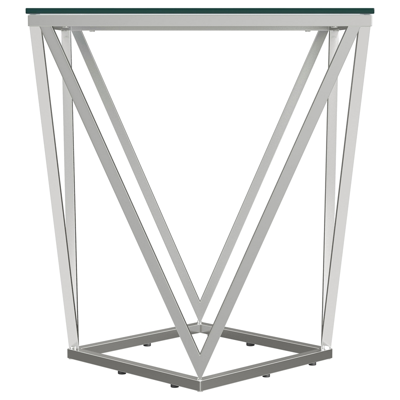 Pemberly Row Square Glass Top Geometric Metal End Table in Nickel