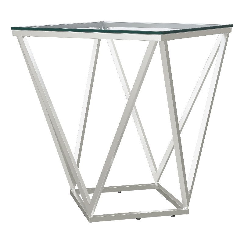 Pemberly Row Square Glass Top Geometric Metal End Table in Nickel