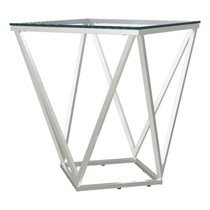 Pemberly Row Square Glass Top Geometric Metal End Table in Nickel