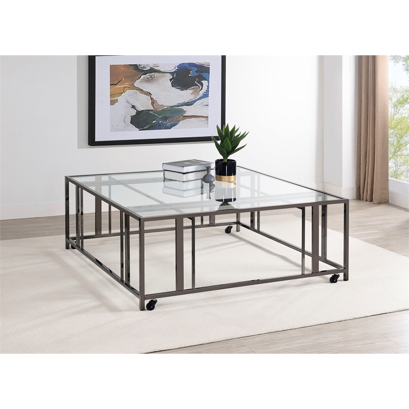 Pemberly Row Square Glass Top Coffee Table with Casters in Black Nickel